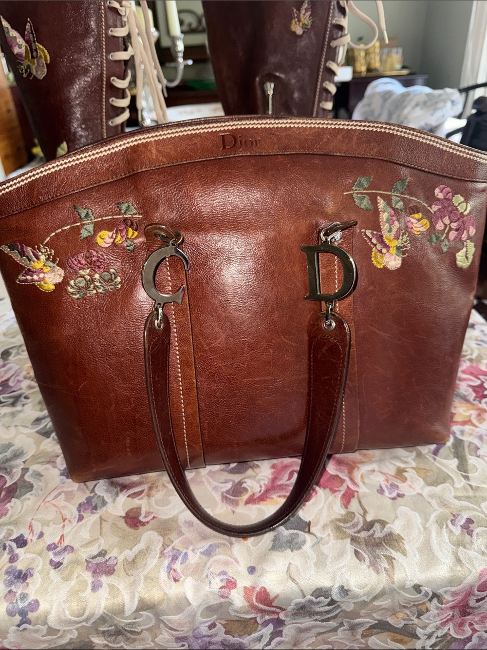 Christian Dior Vintage John Galliano 2005 Brown Leather Romantic Floral Tote Bag